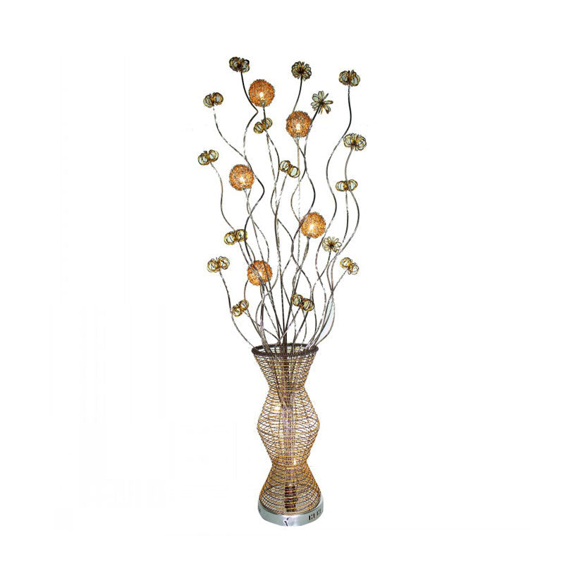 Golden Led Floor Lamp - Stylish Metallic Bamboo Basket Design With Flower Accents For Reading And