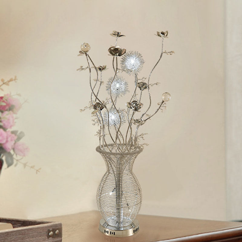 Metallic Urn-Style Swing Arm Led Nightstand Lamp With Flower Design - Silver