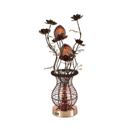 Black-Silver Led Vase Table Lamp: Artistic Aluminum Desk Light With Flower Detail