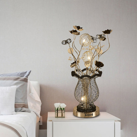 Black-Silver Floral Table Lamp - Modern Design Led Desk Lighting For Study Room With Elegant