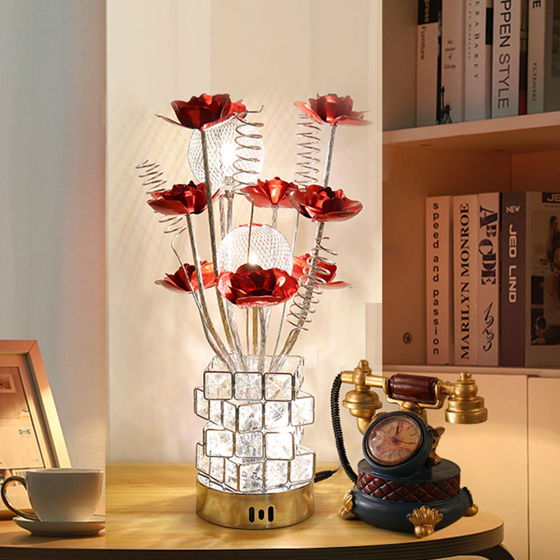 Led Aluminum Table Lamp With Crystal Block Base In Purple/Red - Art Decor Floral Design For Bedside