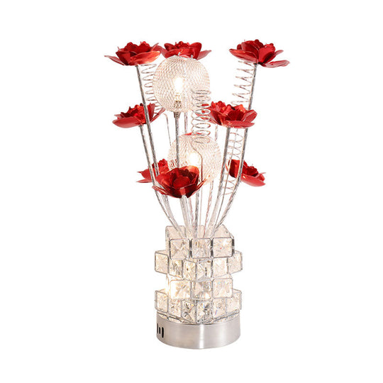 Led Aluminum Table Lamp With Crystal Block Base In Purple/Red - Art Decor Floral Design For Bedside