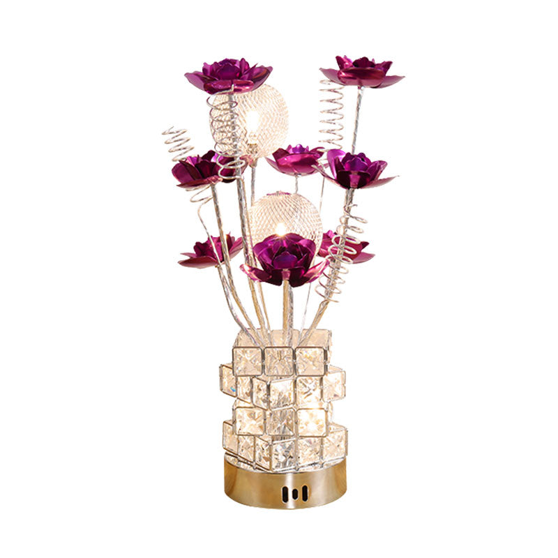 Led Aluminum Table Lamp With Crystal Block Base In Purple/Red - Art Decor Floral Design For Bedside