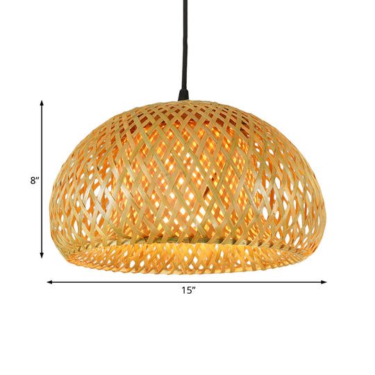 Rustic Bamboo Double-Decker Dome Hanging Pendant: Farmhouse Restaurant Light Fixture