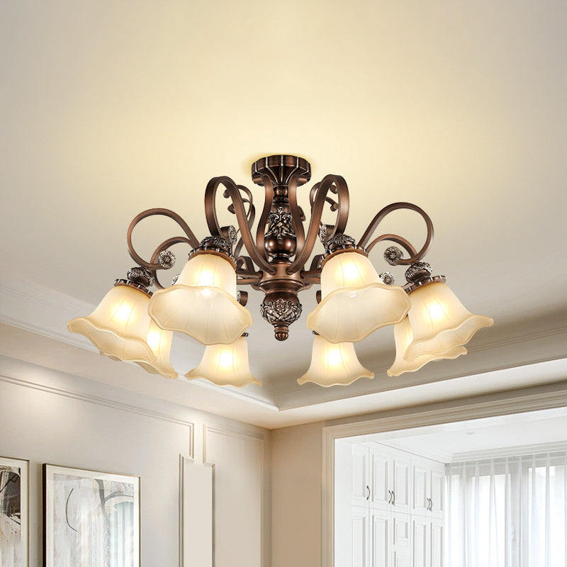 Countryside Brown Opal Glass Semi Flush Light With Floral Shade (5/6/8 Lights) - Perfect For Living