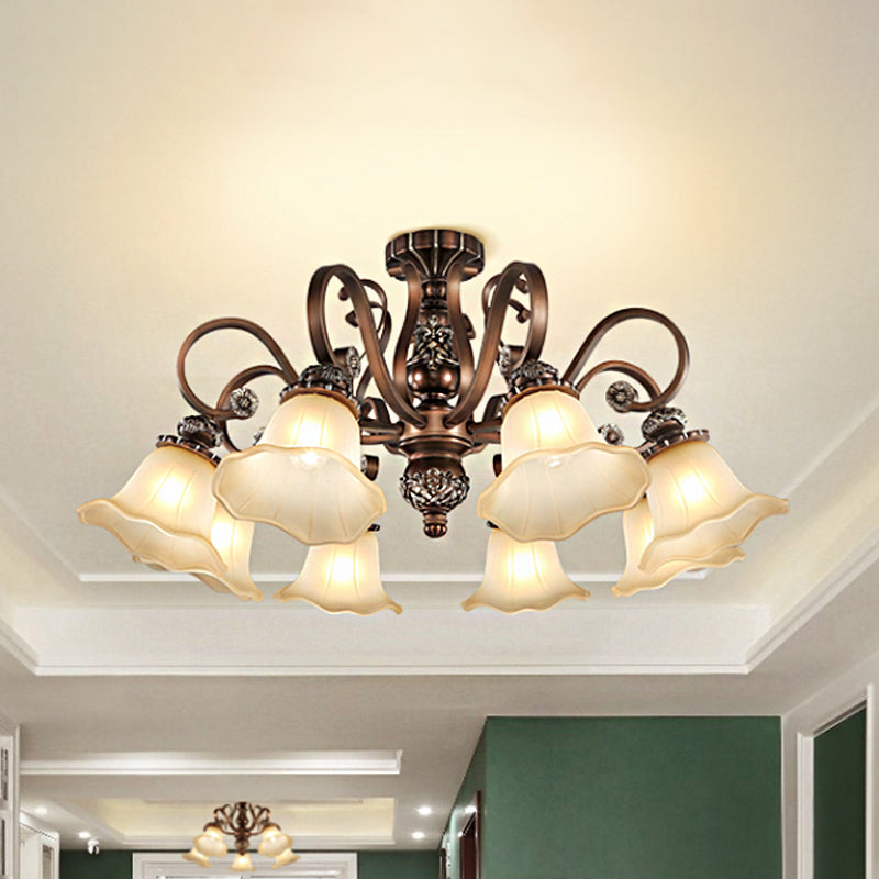 Floral Shade Semi Flush Light with Opal Glass - Countryside Brown Close to Ceiling Lamp for Living Room (5/6/8 Lights)