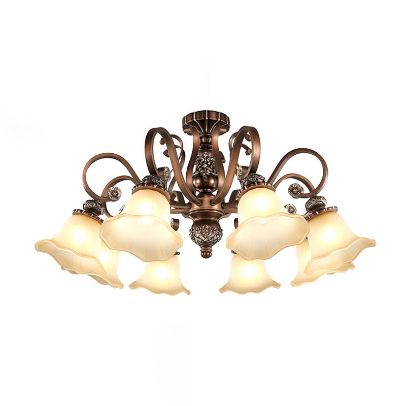 Floral Shade Semi Flush Light with Opal Glass - Countryside Brown Close to Ceiling Lamp for Living Room (5/6/8 Lights)