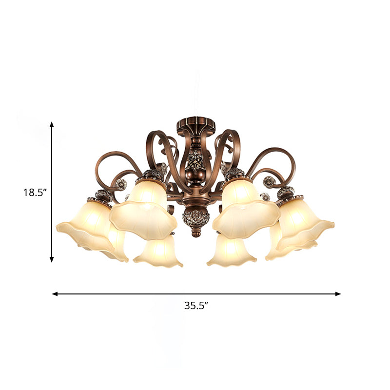 Floral Shade Semi Flush Light with Opal Glass - Countryside Brown Close to Ceiling Lamp for Living Room (5/6/8 Lights)