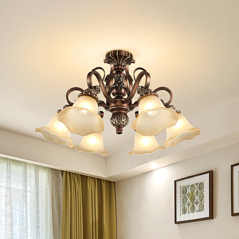 Countryside Brown Opal Glass Semi Flush Light With Floral Shade (5/6/8 Lights) - Perfect For Living