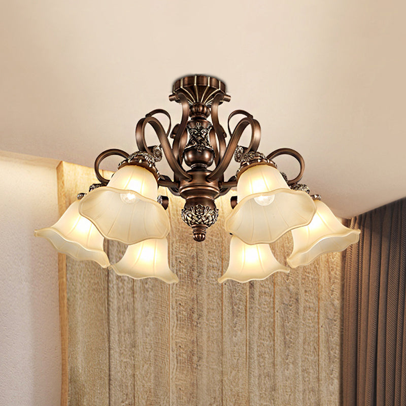 Countryside Brown Opal Glass Semi Flush Light With Floral Shade (5/6/8 Lights) - Perfect For Living