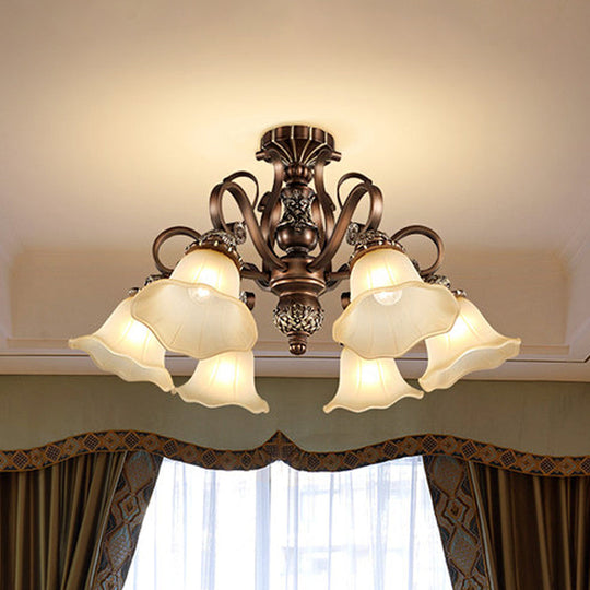 Floral Shade Semi Flush Light with Opal Glass - Countryside Brown Close to Ceiling Lamp for Living Room (5/6/8 Lights)