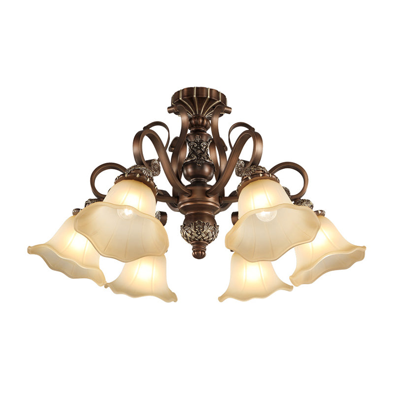 Floral Shade Semi Flush Light with Opal Glass - Countryside Brown Close to Ceiling Lamp for Living Room (5/6/8 Lights)