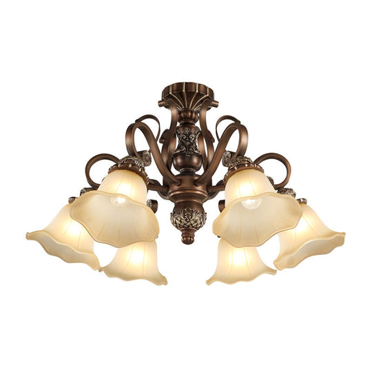 Floral Shade Semi Flush Light with Opal Glass - Countryside Brown Close to Ceiling Lamp for Living Room (5/6/8 Lights)