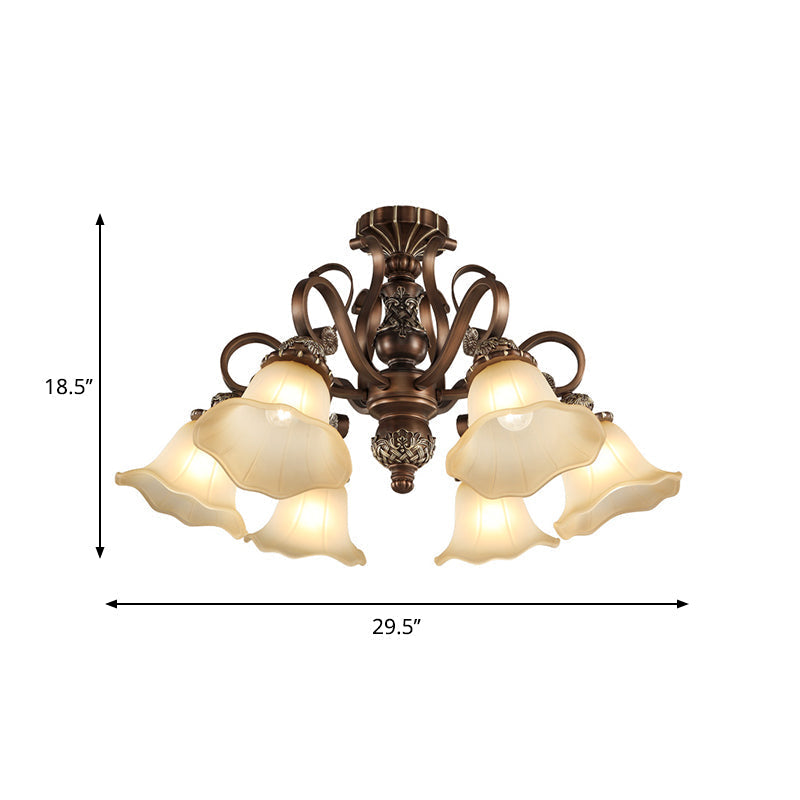 Floral Shade Semi Flush Light with Opal Glass - Countryside Brown Close to Ceiling Lamp for Living Room (5/6/8 Lights)