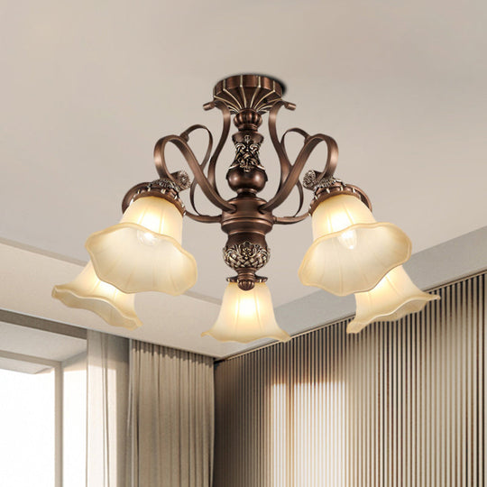 Countryside Brown Opal Glass Semi Flush Light With Floral Shade (5/6/8 Lights) - Perfect For Living