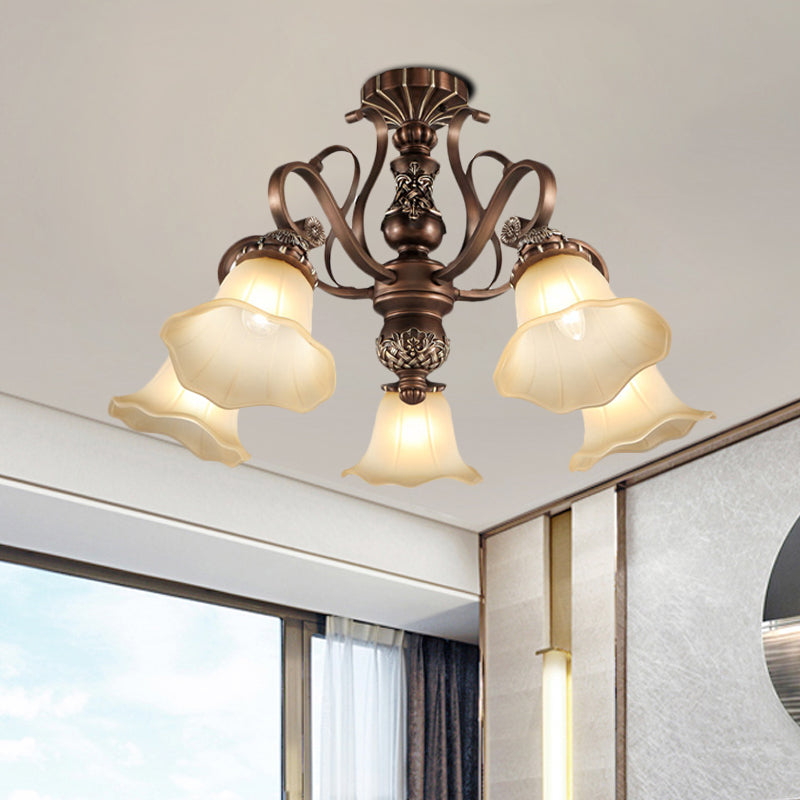 Floral Shade Semi Flush Light with Opal Glass - Countryside Brown Close to Ceiling Lamp for Living Room (5/6/8 Lights)