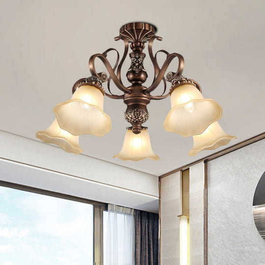 Floral Shade Semi Flush Light with Opal Glass - Countryside Brown Close to Ceiling Lamp for Living Room (5/6/8 Lights)