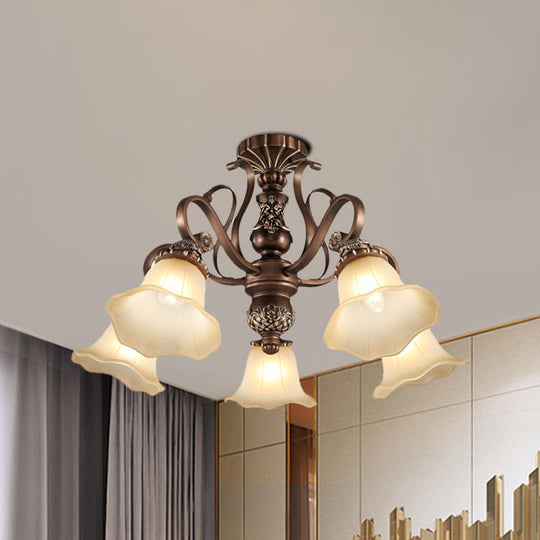 Countryside Brown Opal Glass Semi Flush Light With Floral Shade (5/6/8 Lights) - Perfect For Living