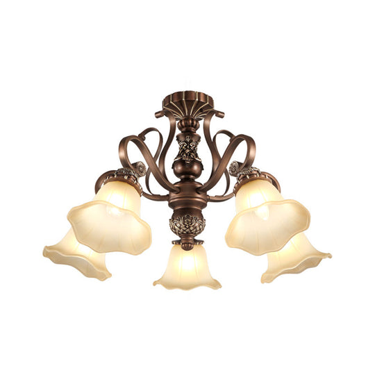 Floral Shade Semi Flush Light with Opal Glass - Countryside Brown Close to Ceiling Lamp for Living Room (5/6/8 Lights)