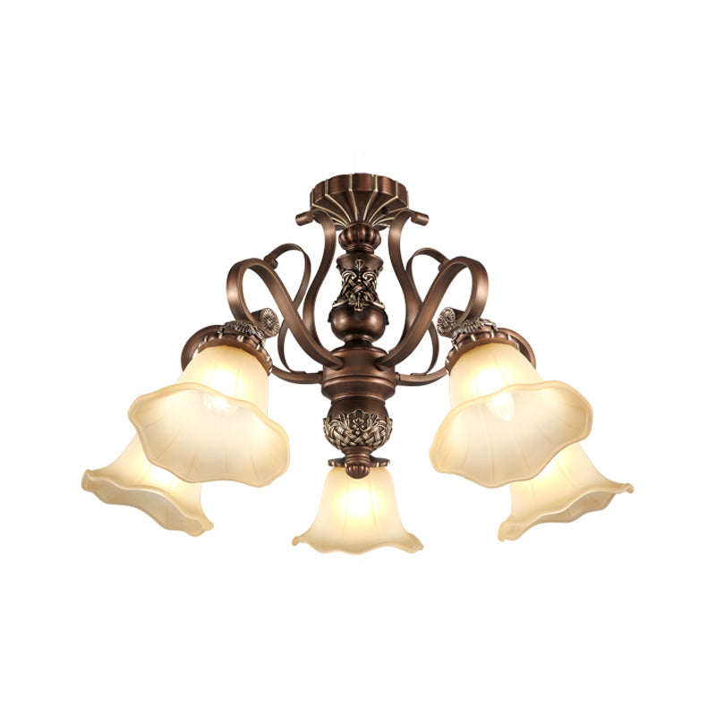 Countryside Brown Opal Glass Semi Flush Light With Floral Shade (5/6/8 Lights) - Perfect For Living