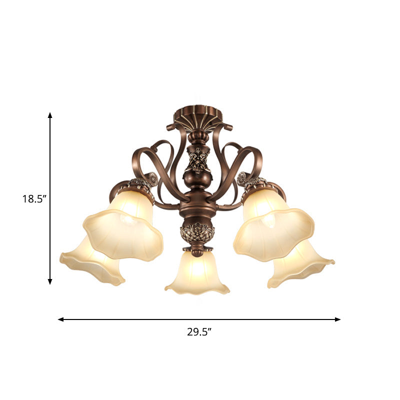 Floral Shade Semi Flush Light with Opal Glass - Countryside Brown Close to Ceiling Lamp for Living Room (5/6/8 Lights)