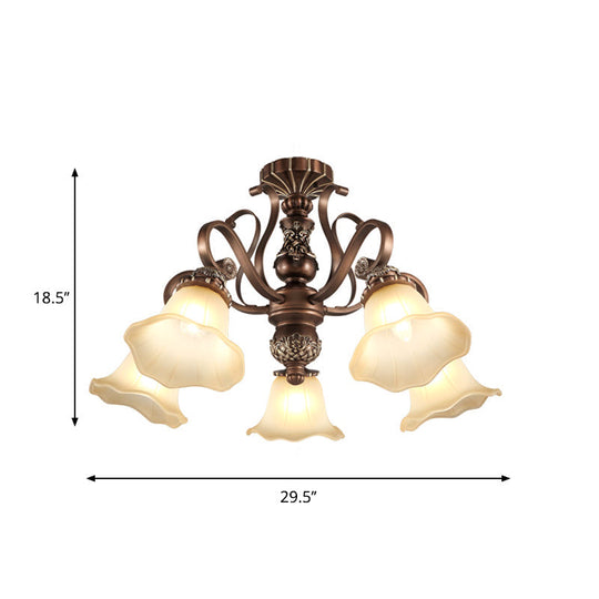 Countryside Brown Opal Glass Semi Flush Light With Floral Shade (5/6/8 Lights) - Perfect For Living