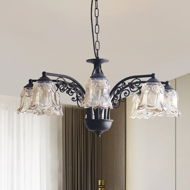 Rural Style Black Curvy Arm Chandelier - Metallic 6 Or 8 Lights Ideal For Living Room Suspension