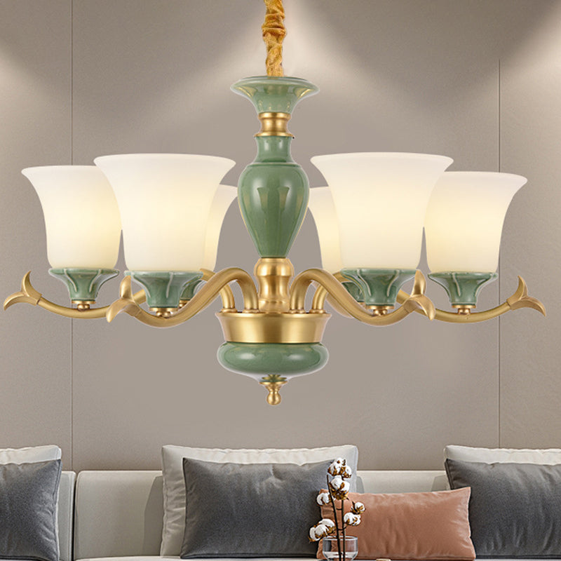 Frosted Glass Suspension Lighting - 3/6 Bulbs Countryside Green Chandelier For Guest Room