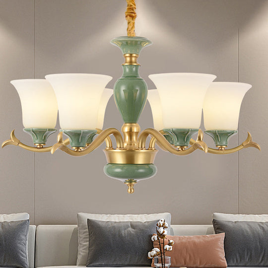 Frosted Glass Suspension Lighting - 3/6 Bulbs Countryside Green Chandelier For Guest Room