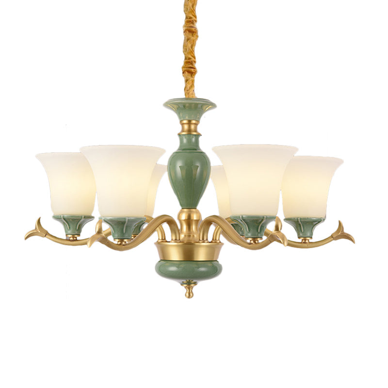 Frosted Glass Suspension Lighting - 3/6 Bulbs Countryside Green Chandelier For Guest Room