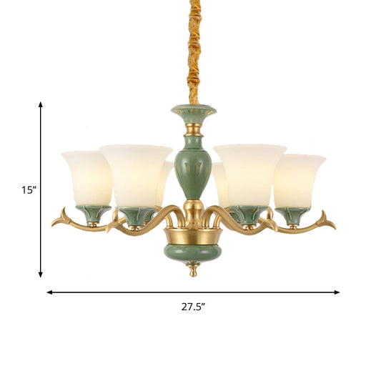 Frosted Glass Suspension Lighting - 3/6 Bulbs Countryside Green Chandelier For Guest Room