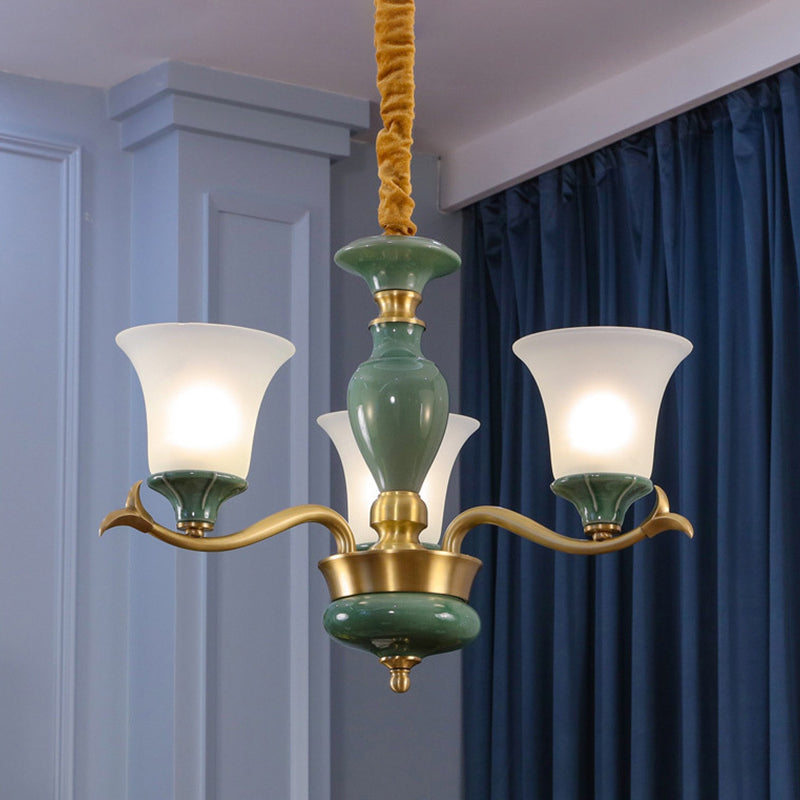 Frosted Glass Suspension Lighting - 3/6 Bulbs Countryside Green Chandelier For Guest Room