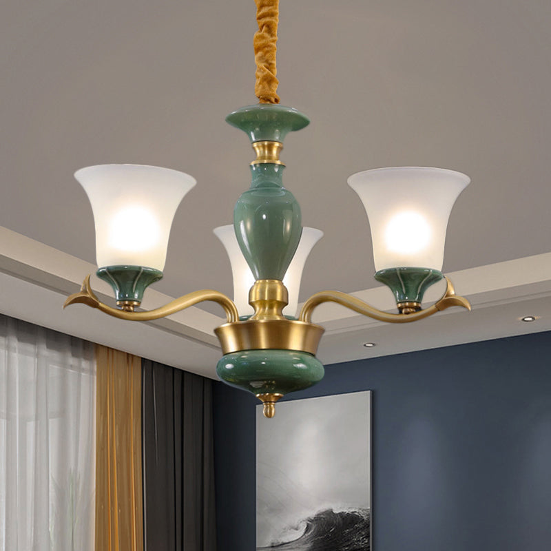 Frosted Glass Suspension Lighting - 3/6 Bulbs Countryside Green Chandelier For Guest Room