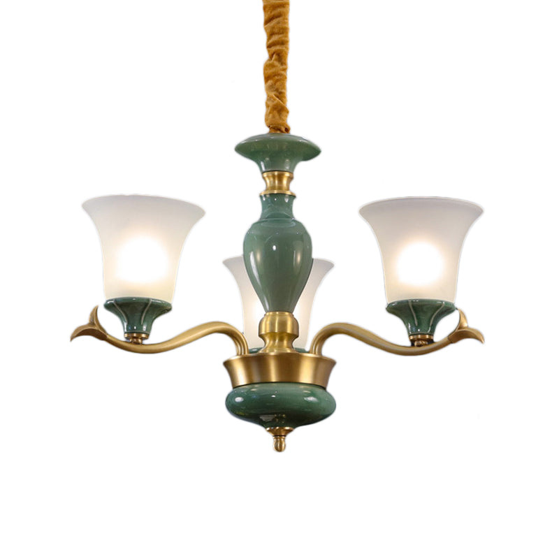 Frosted Glass Suspension Lighting - 3/6 Bulbs Countryside Green Chandelier For Guest Room