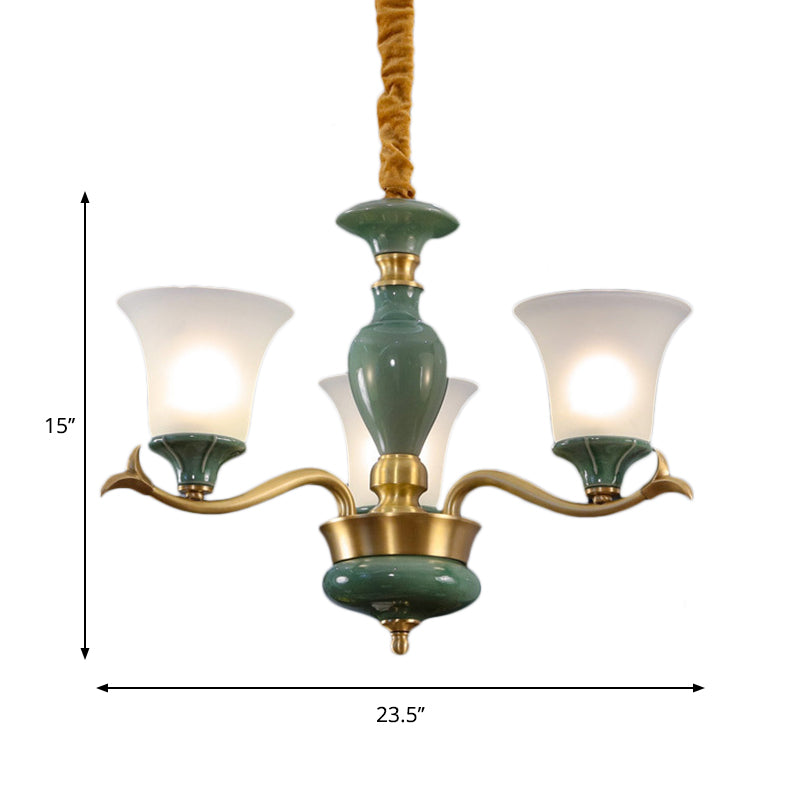 Frosted Glass Suspension Lighting - 3/6 Bulbs Countryside Green Chandelier For Guest Room