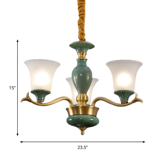 Frosted Glass Suspension Lighting - 3/6 Bulbs Countryside Green Chandelier For Guest Room