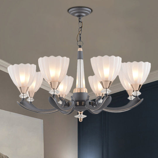 Floral Shade Opal Glass Pendant Chandelier - 6/8 Bulbs Countryside Grey Ideal For Guest Rooms