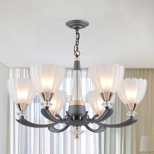 Floral Shade Opal Glass Pendant Chandelier - 6/8 Bulbs Countryside Grey Ideal For Guest Rooms