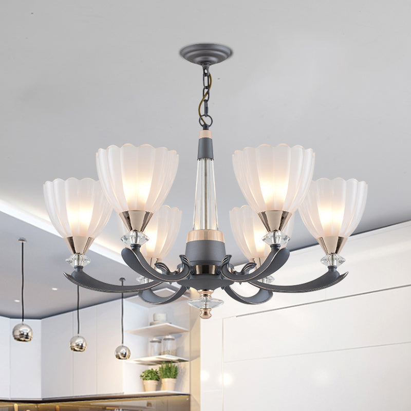 Floral Shade Opal Glass Pendant Chandelier - 6/8 Bulbs Countryside Grey Ideal For Guest Rooms