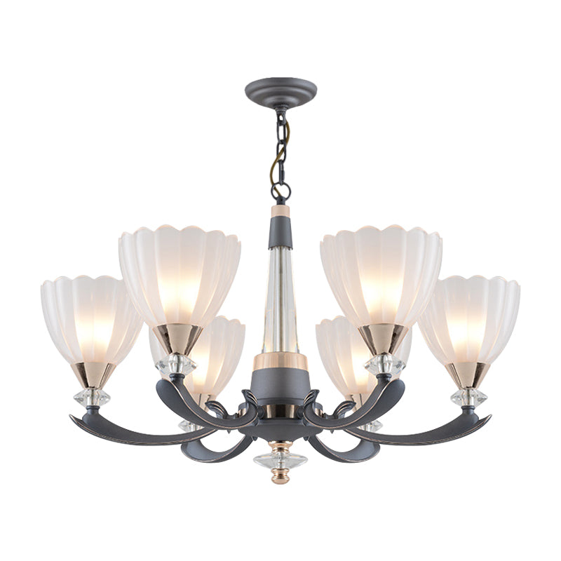 Floral Shade Opal Glass Pendant Chandelier - 6/8 Bulbs Countryside Grey Ideal For Guest Rooms