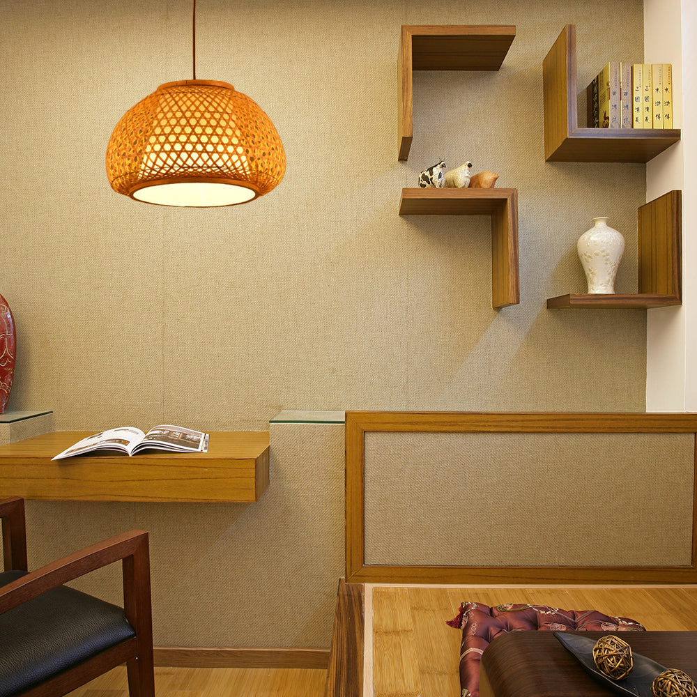 Bamboo Lantern Pendant Light With Hand-Knitted Design For Asian Restaurants - Paper Interior Shade