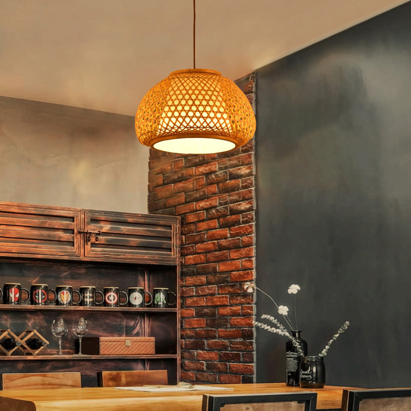 Bamboo Lantern Pendant Light With Hand-Knitted Design For Asian Restaurants - Paper Interior Shade