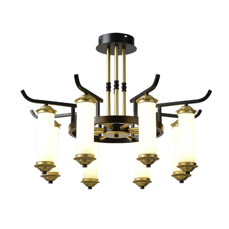 Countryside Column Frosted Glass 8/10-Bulb Chandelier In Black-Gold Finish