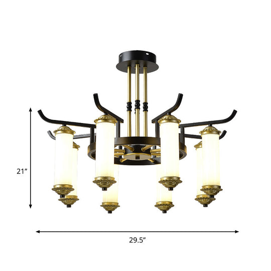 Countryside Column Frosted Glass 8/10-Bulb Chandelier In Black-Gold Finish