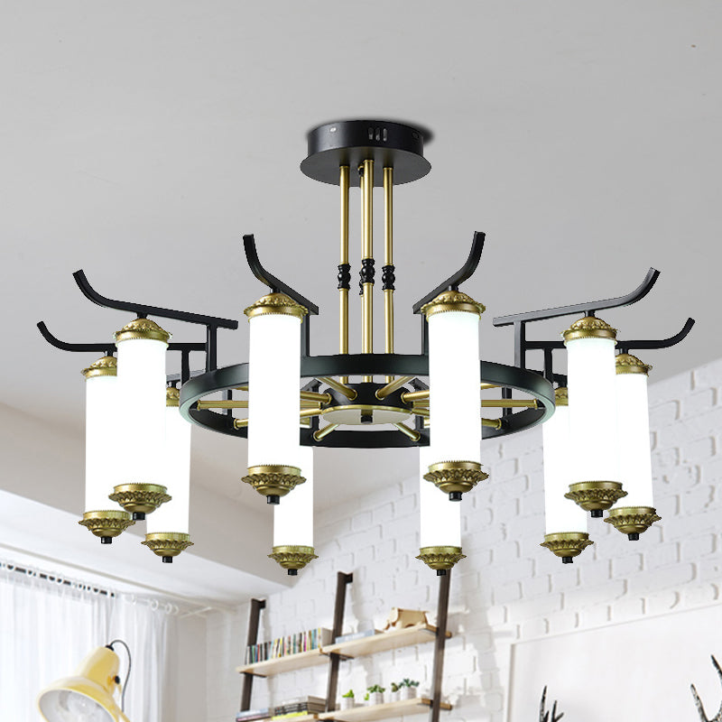 Countryside Column Frosted Glass 8/10-Bulb Chandelier In Black-Gold Finish