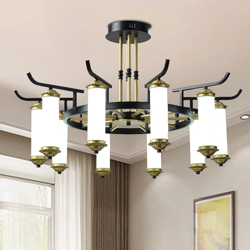 Countryside Column Frosted Glass 8/10-Bulb Chandelier In Black-Gold Finish