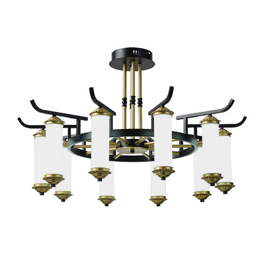 Countryside Column Frosted Glass 8/10-Bulb Chandelier In Black-Gold Finish