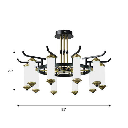 Countryside Column Frosted Glass 8/10-Bulb Chandelier In Black-Gold Finish