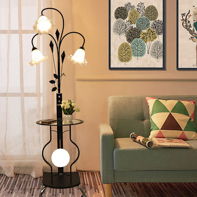 3-Bulb Countryside Metal Floor Light: Elegant Black/White Standing Lamp With Floral Glass Shade