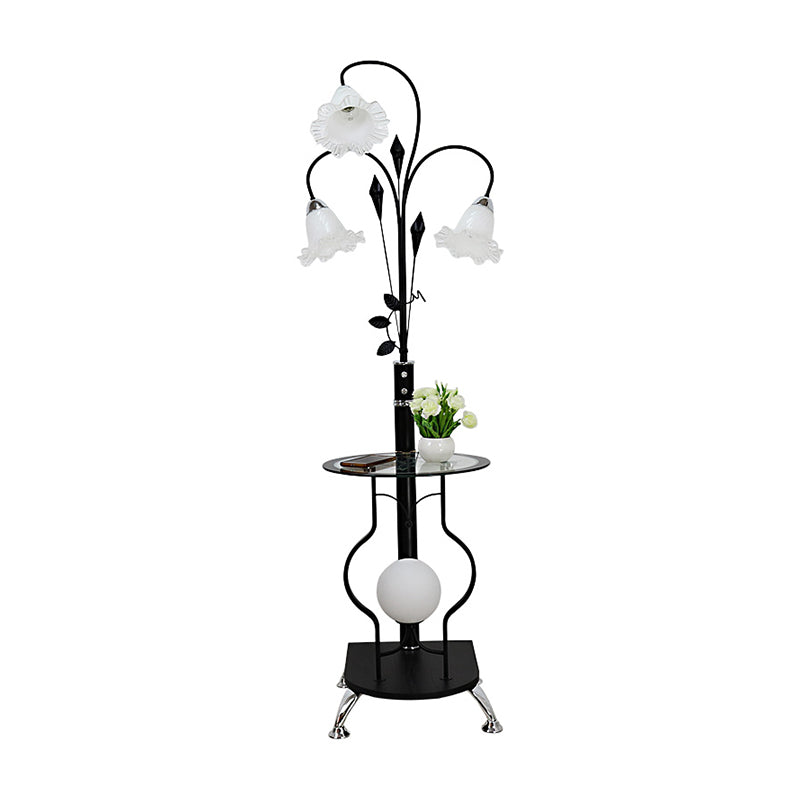 3-Bulb Countryside Metal Floor Light: Elegant Black/White Standing Lamp With Floral Glass Shade